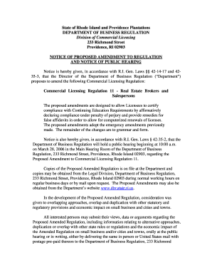 State of Rhode Island and Providence Plantations DEPARTMENT of BUSINESS REGULATION Division of Commercial Licensing 233 Richmond  Form