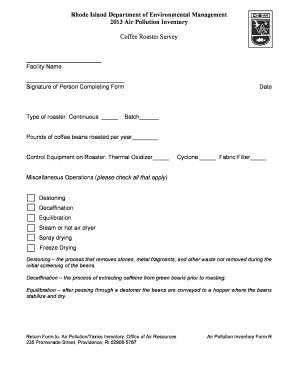 RIDEMAir Resources Inventory Form R Coffee Roasting Dem Ri