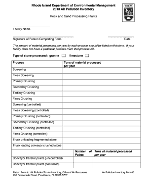 Rhode Island Department of Environmental Management Air Pollution Inventory Rock and Sand Processing Plants Facility Name Signat  Form