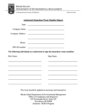 Authorized Hazardous Waste Manifest Signers Form