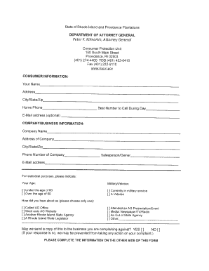 Rhode Island Attorney General Consumer Protection  Form