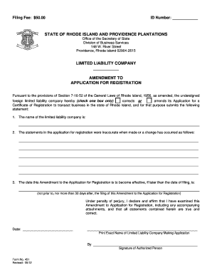 451 Amendment to Application for Registration Rhode Island Office  Form