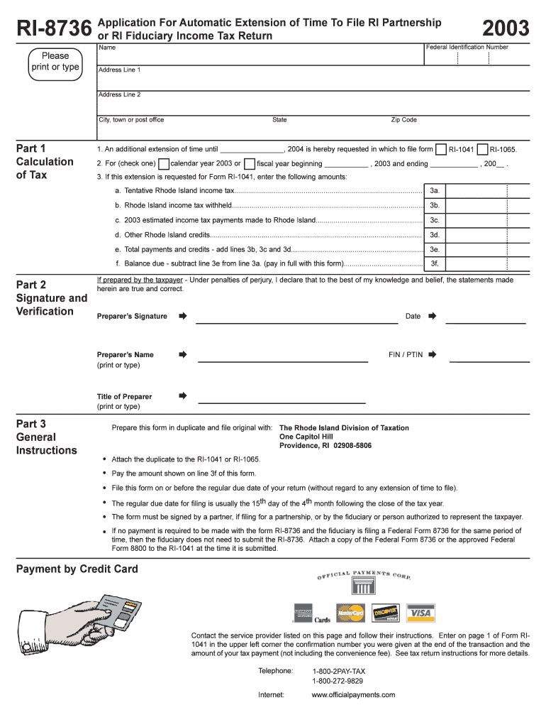 RI 8736 Application for Automatic Extension of Time to File RI Tax Ri  Form