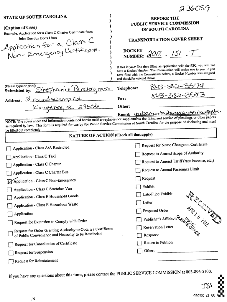 STATE of SOUTH CAROLINA STATE of SOUTH CAROLI1NA I I Caption of Case Exantple Application for a Cass C Charter Certificate from   Form