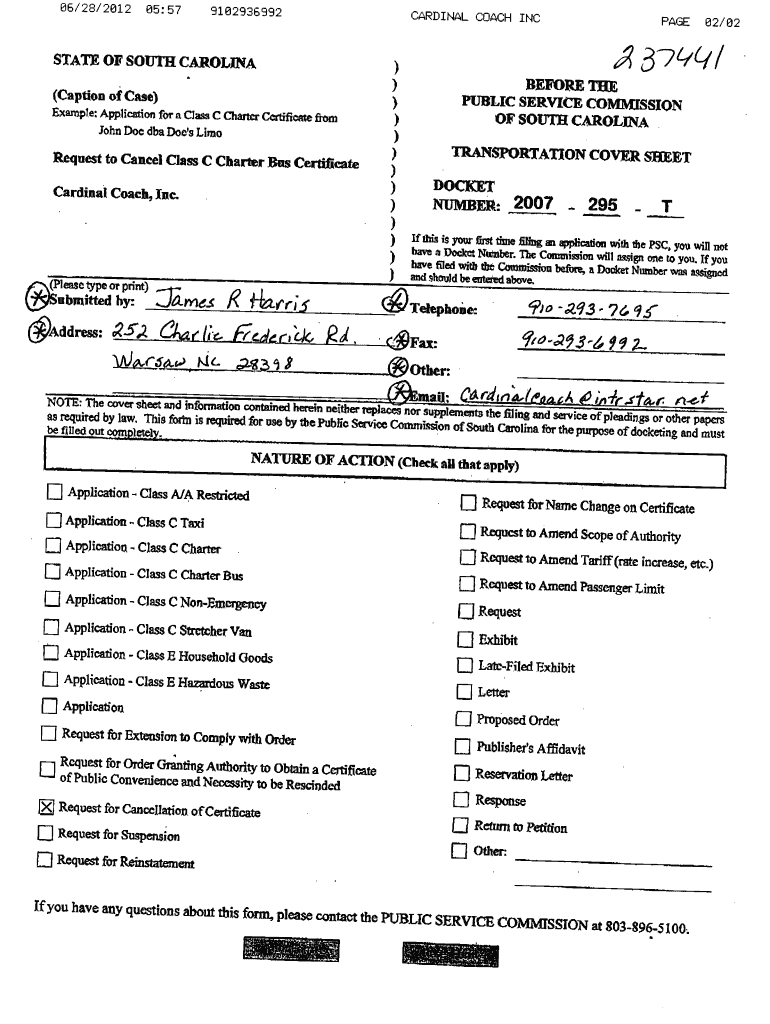 0628 0557 9102936992 CARDINAL COACH INC PAGE 0202 STATE Caption of SOUTH of Case CAROLINA Exarap E Application for a Class C Cha  Form