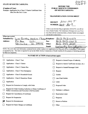 STATE of SOUTH CAROLINA STATE of SOUTH CAROLINA of Case Caption Caption of Case Example Application for Class Charter Certificat  Form