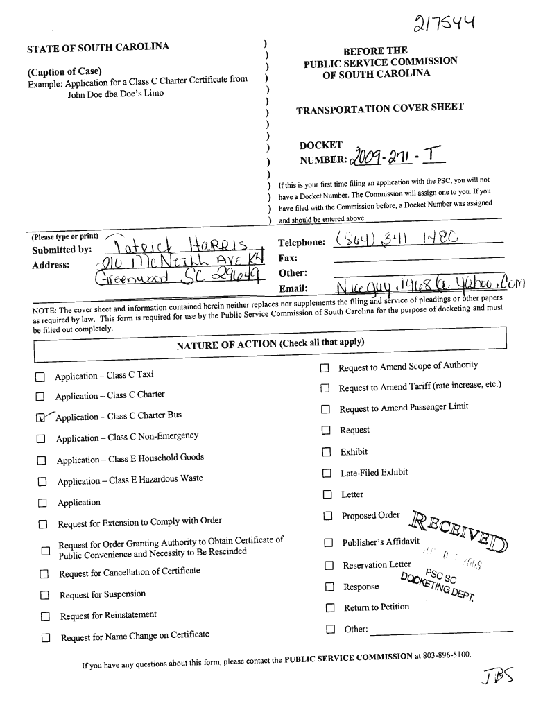 STATE STATE of SOUTH CAROLINA of SOUTH CAROLINA Caption of Case Caption of Case Example Application for a Class C Charter Certif  Form