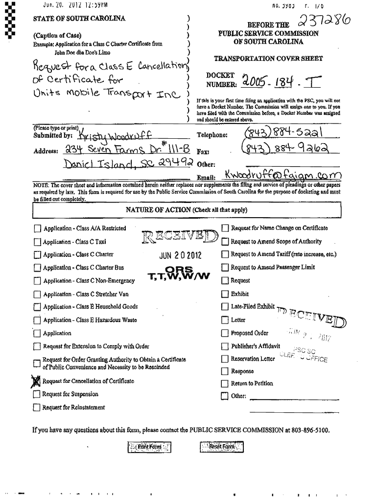 2U12 1Z&#039;DrM STATE of SOUTH CAROLINA Caption of Case Exeanple Pplicationfora Class CCharter Certificate a from Lobn Doe Dba   Form