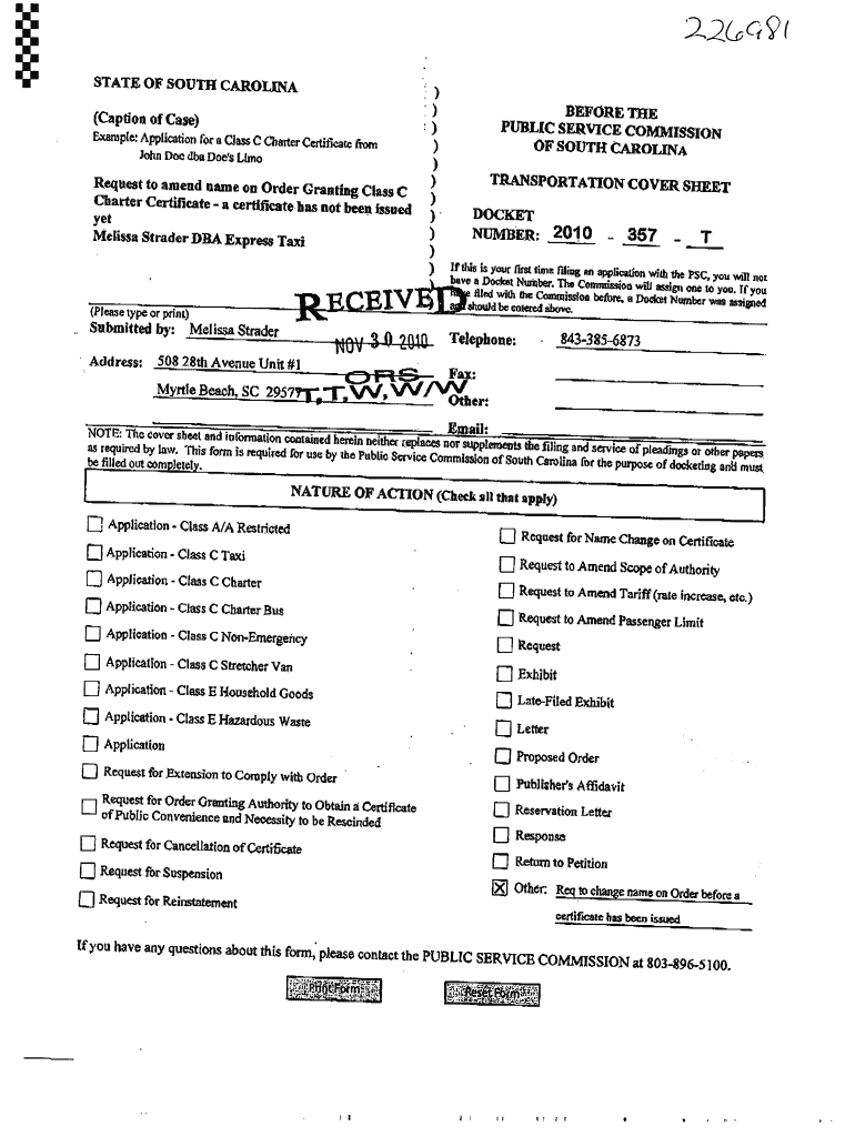 V, Emple Application for a Class C Fatter Certificate from Exsni Pie Application for a Gass C Charter Ceitificare from John Doe   Form