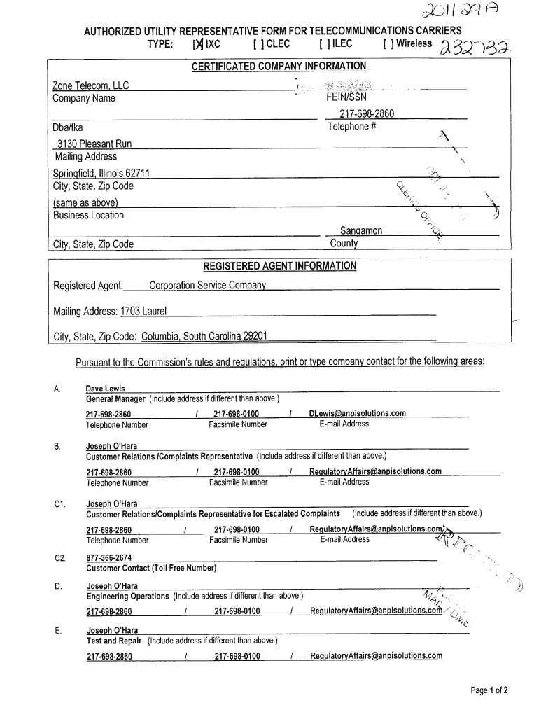 AUTHORIZED UTILITY REPRESENTATIVE FORM for TELECOMMUNICATIONS CARRIERS TYPE JIXC CLEC ILEC Wireless 2 OI , C JO Dms Psc Sc