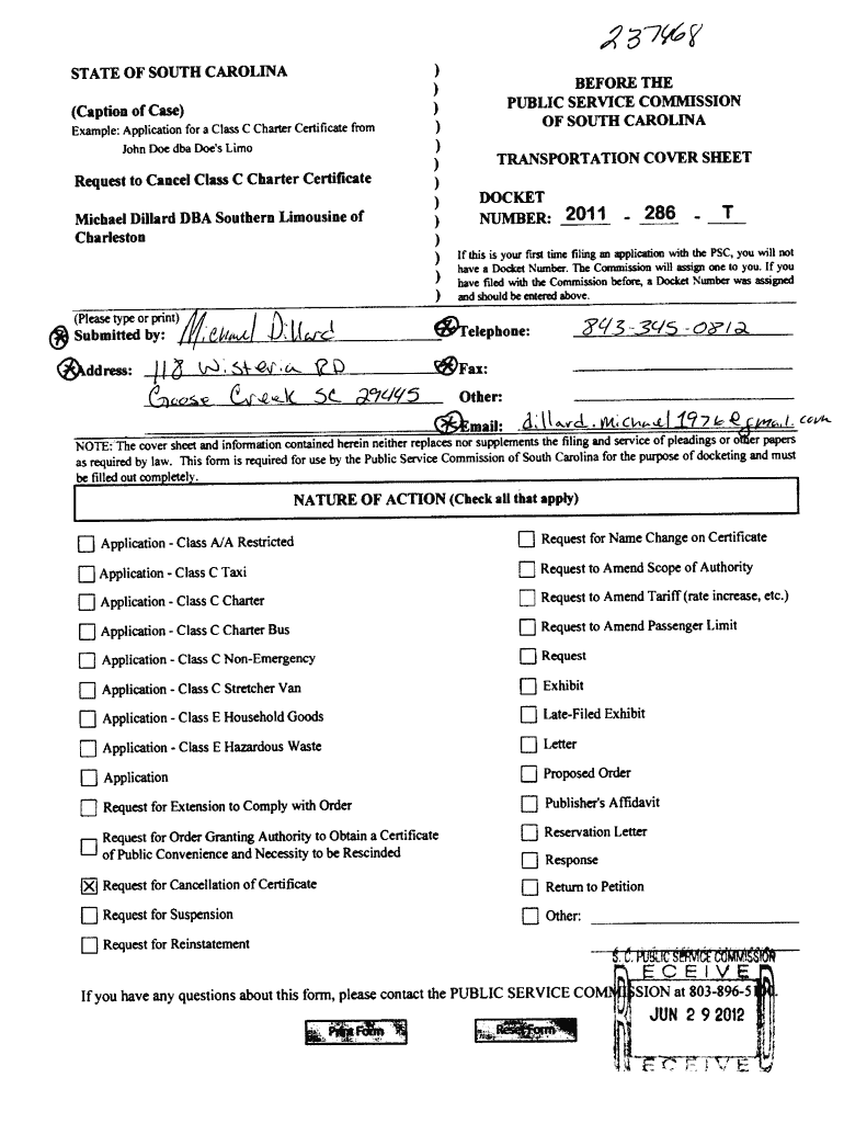 STATE of SOUTH CAROLINA Caption of Case Example Application for a Class C Charter Certificate from John Doe Dba Doe&#039;s Limo   Form