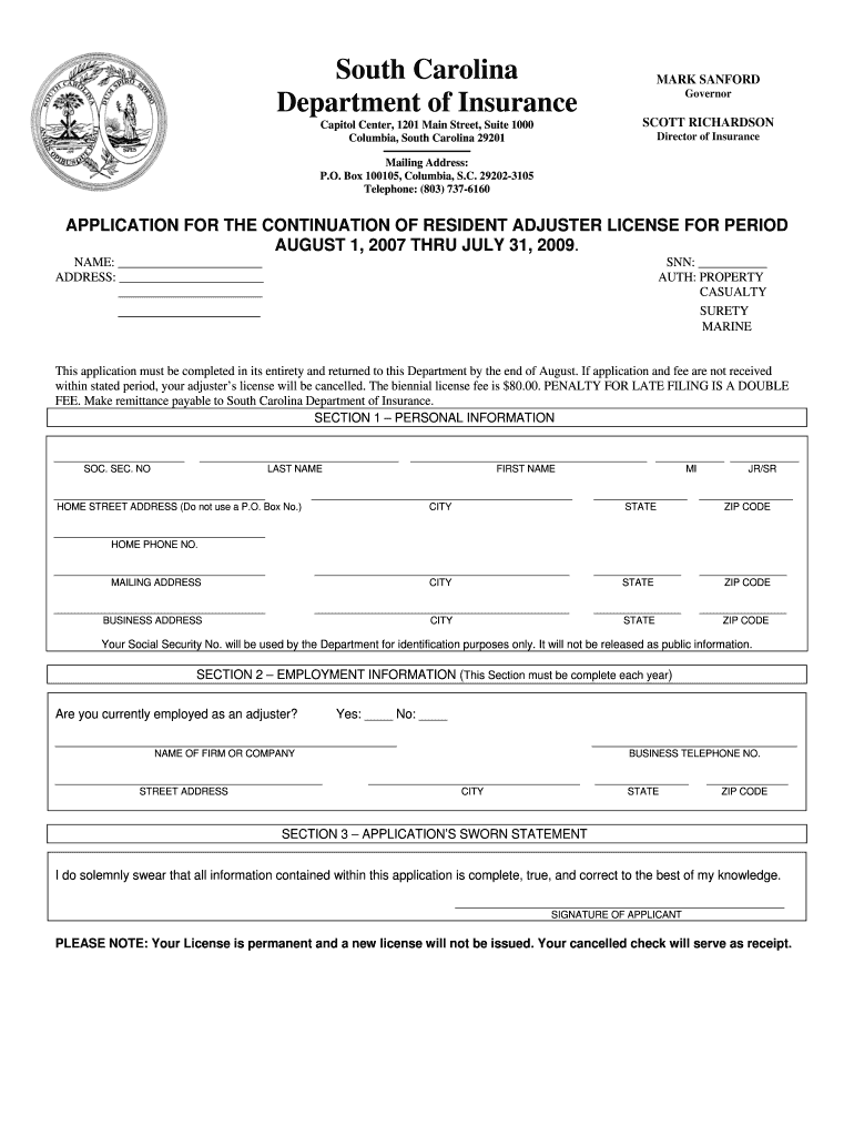 Application for Continuation of Resident Adjuster License, Form