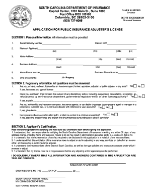Public Adjuster Licensing Application, Form 3518 State of South