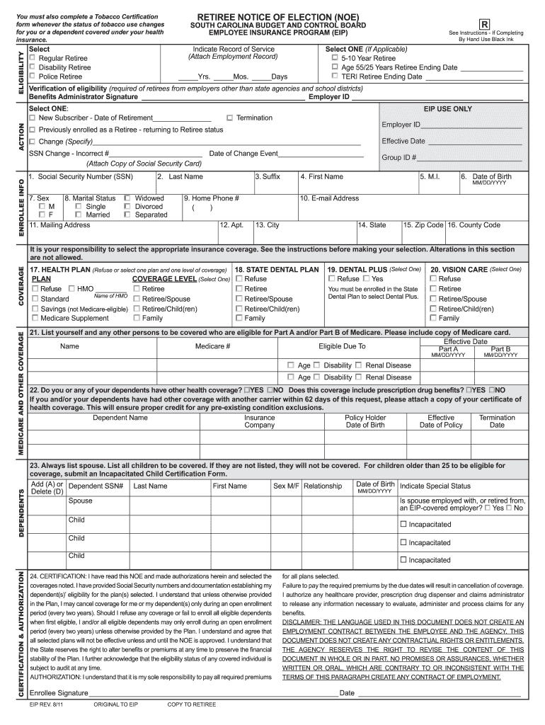 RETIREE NOTICE of ELECTION South Carolina Public Employee Eip Sc  Form