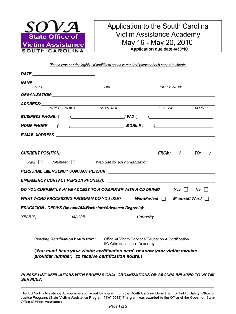 Application to the South Carolina Victim Assistance Scvaa  Form