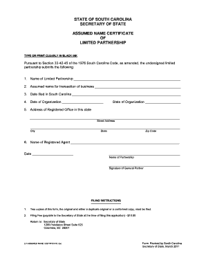  Certificate of Assumed Name Form South Carolina 2011