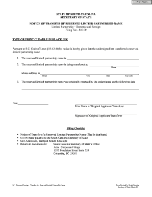 Notice of Transfer of a Reserved Name South Carolina Secretary of Sos Sc  Form