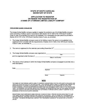 Application to Register a Name South Carolina Secretary of State  Form