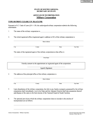 Articles of Incorporation Military Corporation South Carolina Sos Sc  Form