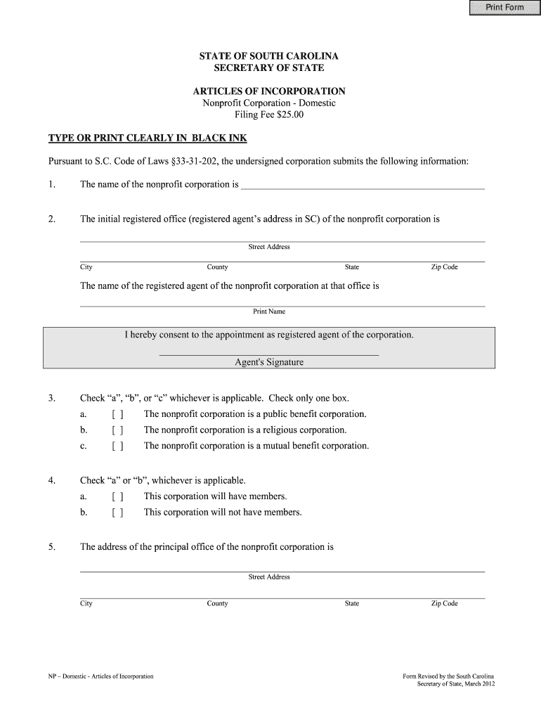 Articles of Incorporation South Carolina Secretary of State Error Sos Sc  Form