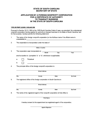 State of South Carolina Secretary of State Application Sos Sc  Form