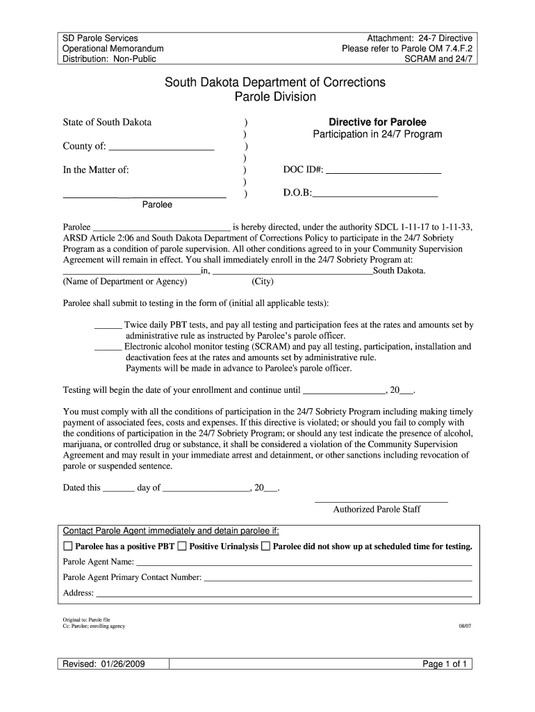 Directive for Parolee State of South Dakota  Form