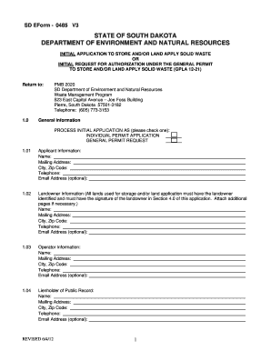 Initial Application for Storage Andor Land Application Denr Sd  Form