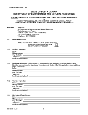 RENEWAL APPLICATION to STORE ANDOR LAND APPLY DAIRY PROCESSING by PRODUCTS or REQUEST for RENEWAL of AUTHORIZATION under the GEN  Form