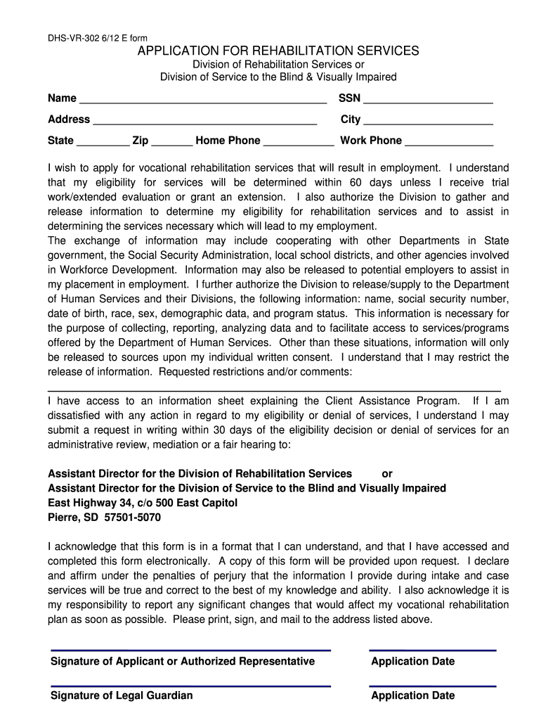 Application for Rehabilitation Services Department of Human Services Dhs Sd  Form