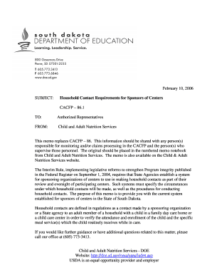 Household Contact Requirements for Sponsors of Centers CACFP  Form