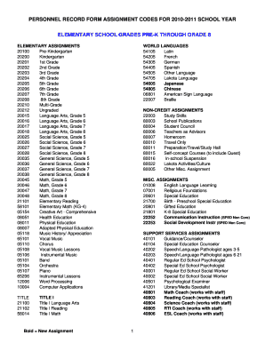 Personnel Record Form Assignment Codes for Doe Sd