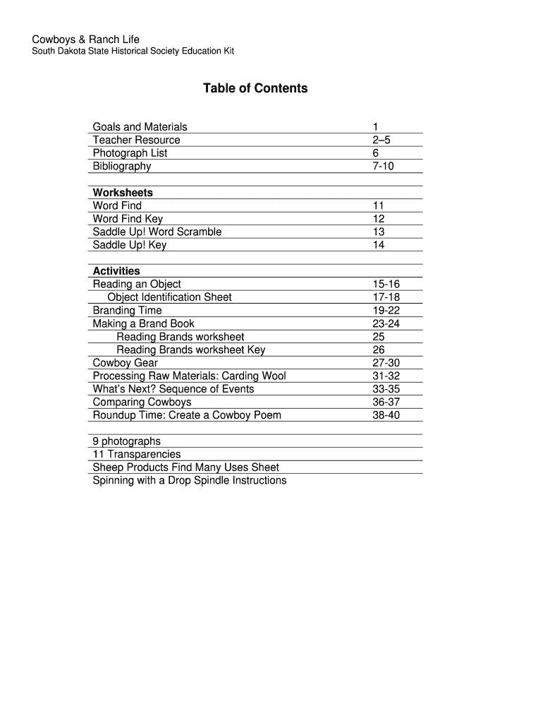 Table of Contents South Dakota State Historical Society History Sd  Form