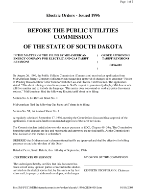 Order Approving Tariff Revisions South Dakota Public Utilities Puc Sd  Form