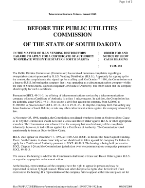 Page 1 of 2 Telecommunications Orders Issued BEFORE the PUBLIC UTILITIES COMMISSION of the STATE of SOUTH DAKOTA in the MATTER O  Form