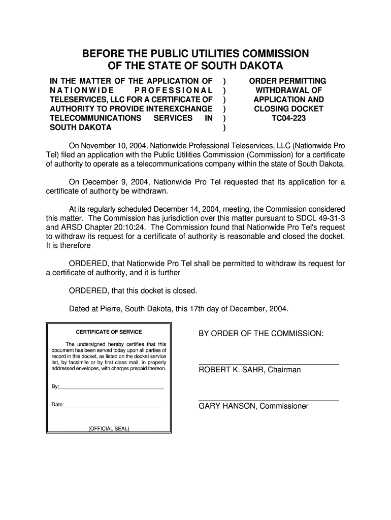 TELESERVICES, LLC for a CERTIFICATE of Puc Sd  Form