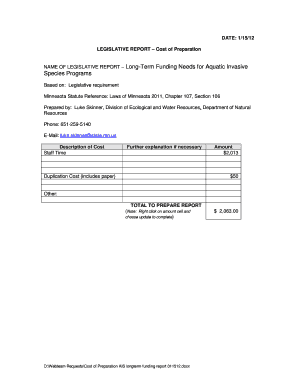 Cost of Report Preparation Form Minnesota Department of Natural Files Dnr State Mn