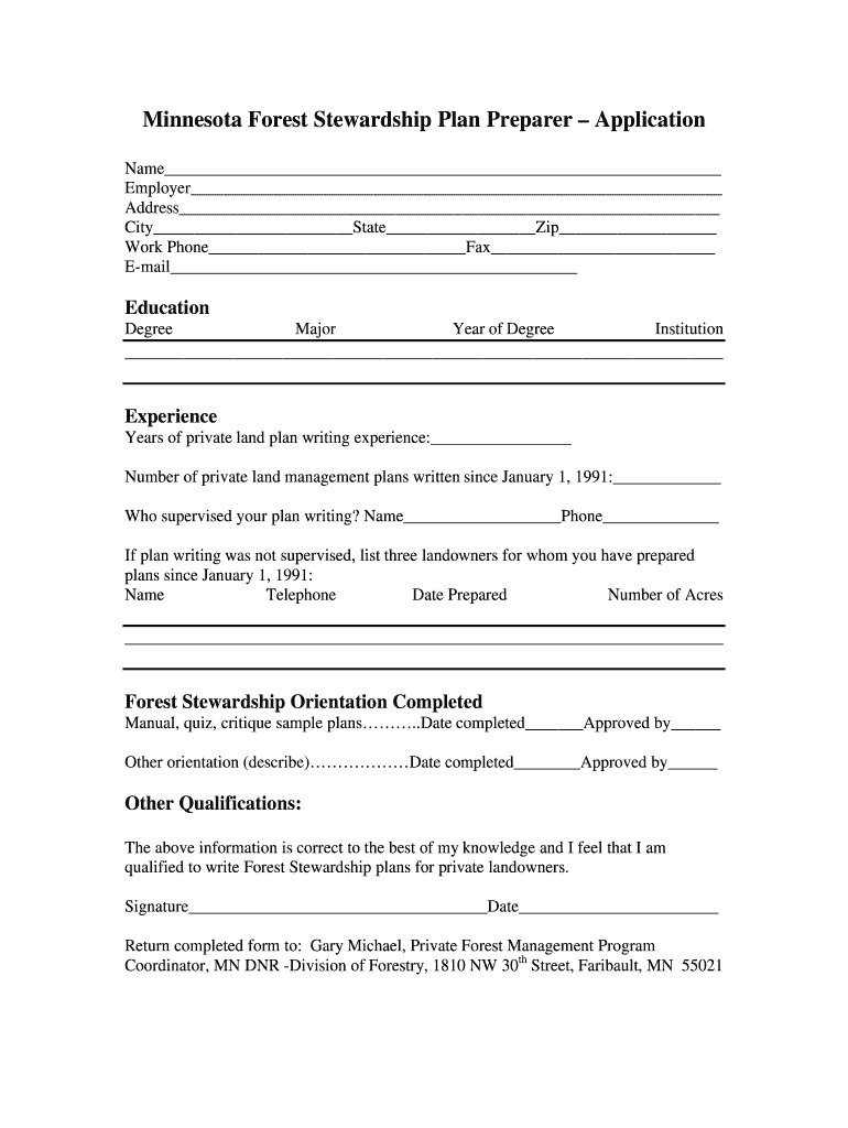 Minnesota Forest Stewardship Plan Preparer Application  Form