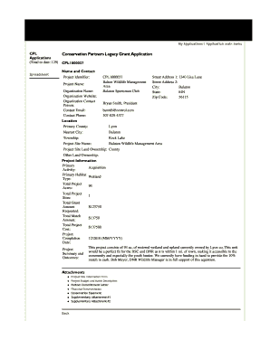 My Applications Application Main Menu CPL Conservation Partners Legacy Grant Application Applications Total to Date 129 CPL10000  Form