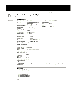 My Applications Application Main Menu CPL Conservation Partners Legacy Grant Application Applications Total to Date 129 CPL10000  Form