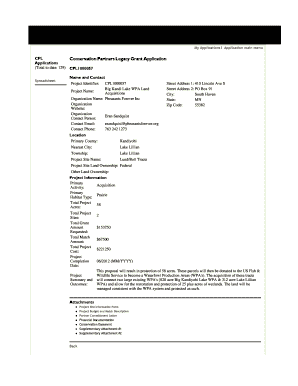 My Applications Application Main Menu CPL Conservation Partners Legacy Grant Application Applications Total to Date 129 CPL10000  Form