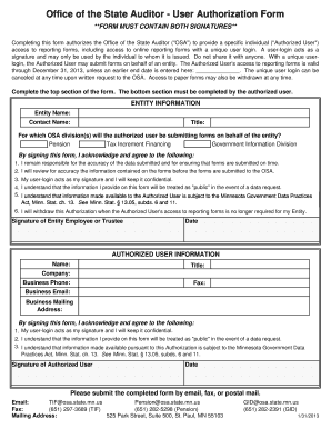 User Authorization Form Office of the State Auditor Auditor State Mn