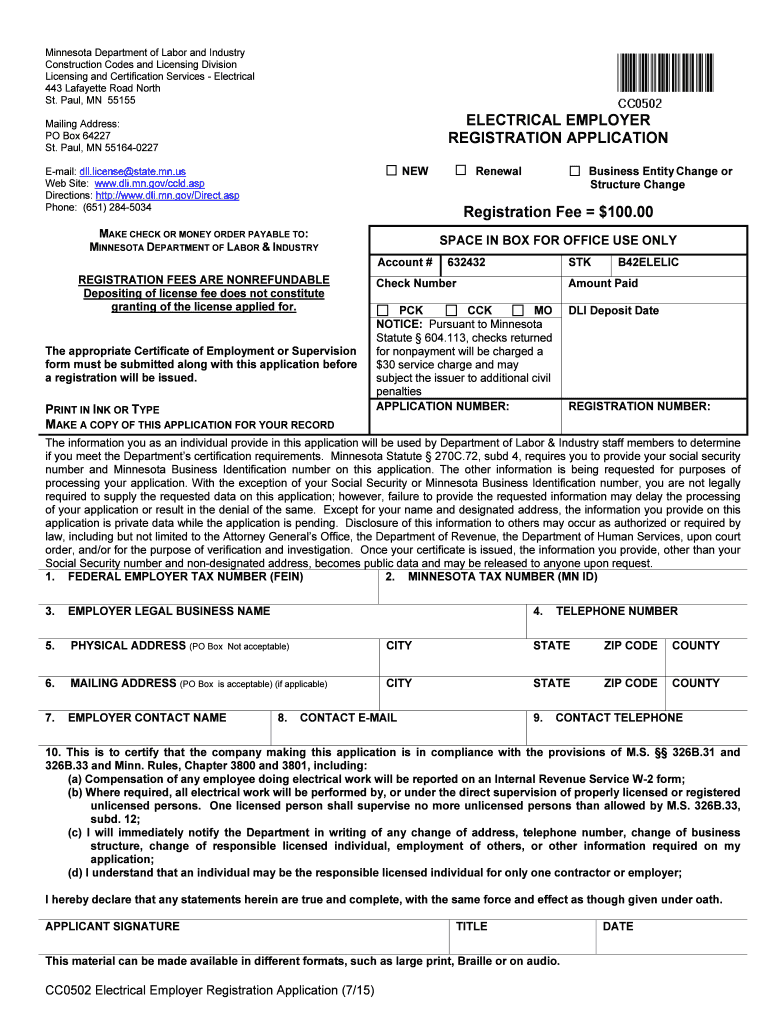 Electrical Registered Employer Application Packet Dli Mn  Form