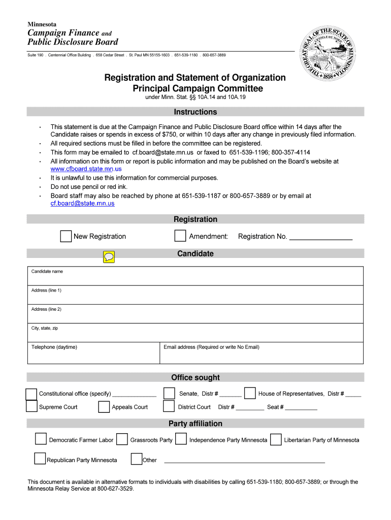 Registration and Statement of Organization Minnesota Campaign  Form