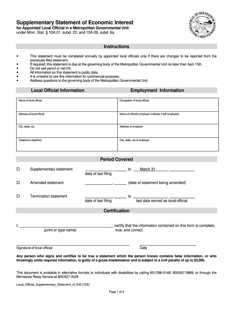 Supplementary Statement of Economic Interest for Appointed Local Official in a Metropolitan Governmental Unit Year End Report of  Form