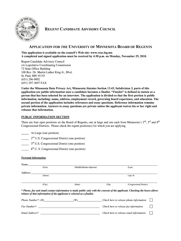 Application for the University of Minnesota Board of Regents Regent  Form