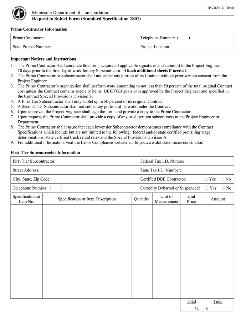  Minnesota Department of Transportation Request to Sublet Form  Dot State Mn 2006