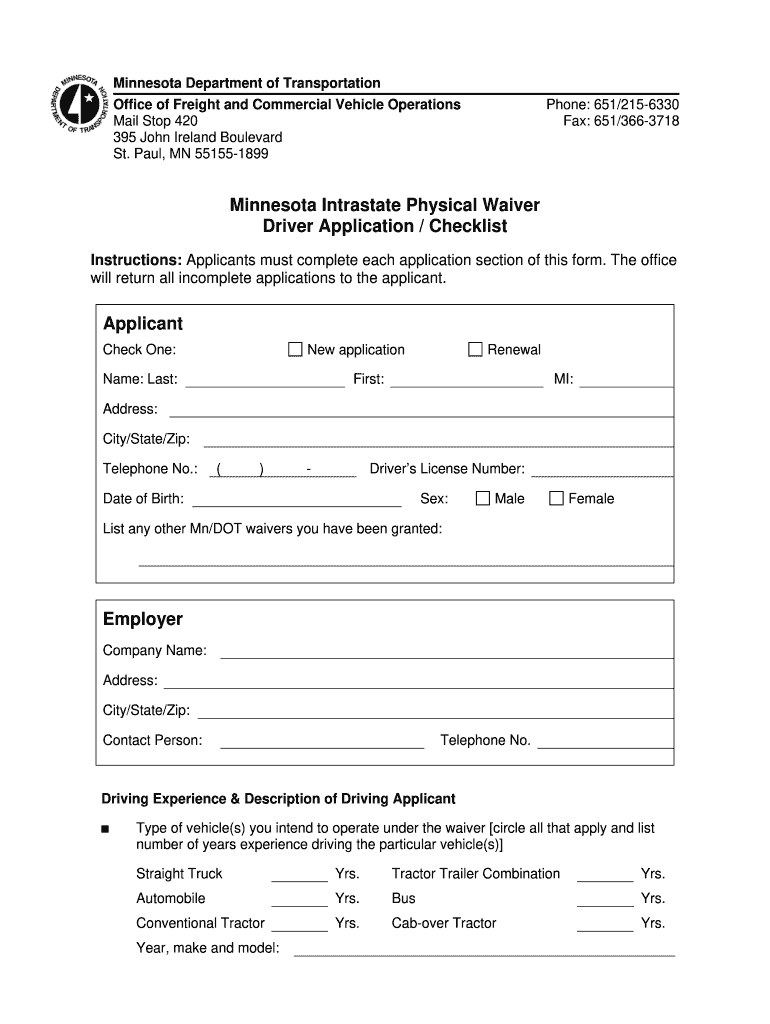 Get and Sign Minnesota Intrastate Physical Waiver Driver Application Checklist Form 