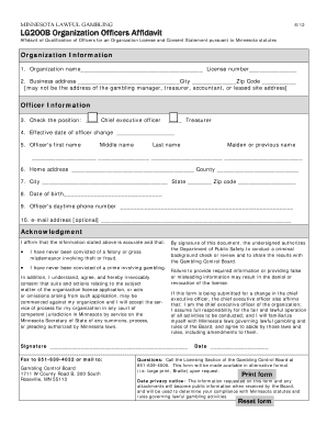  Lg200b Organization Officers Affidavit Gambling Control Board Gcb State Mn 2012