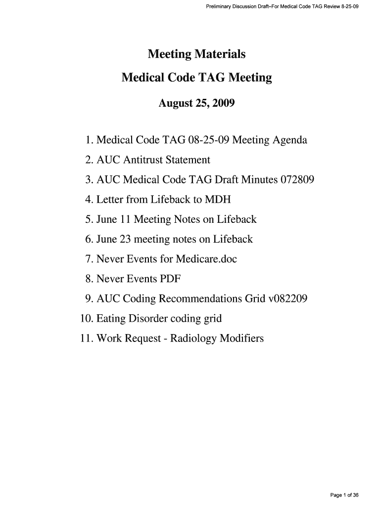 Medical Code TAG Meeting Materials 08 25 09 Minnesota Health State Mn  Form