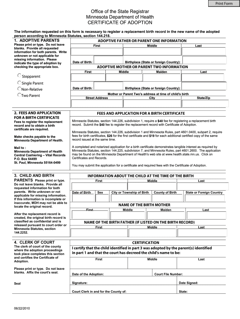 Certificate of Adoption Application to Amend a Birth Record Health State Mn  Form